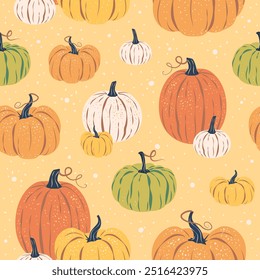 Seamless pattern of colorful pumpkins and spots on yellow background.. Vector illustration in a flat style. Halloween, Thanksgiving, harvest, autumn season fabric, packaging, wrapping paper, wallpaper