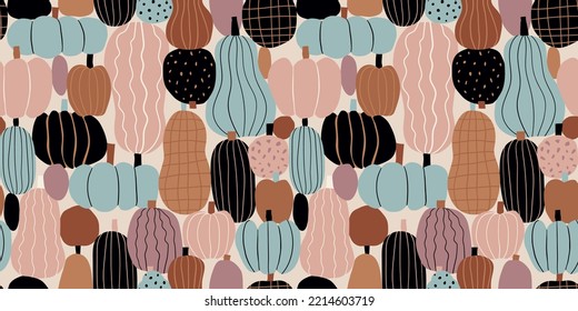 Seamless pattern with colorful pumpkins. Vector hand drawn autumn illustration. Halloween background.