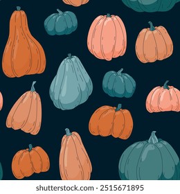 Padrão contínuo de abóboras coloridas. Ilustração vetorial em estilo plano.