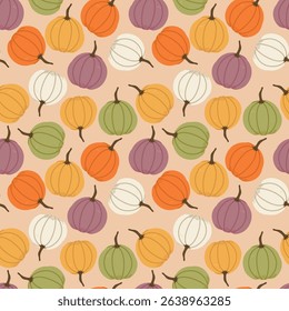 Seamless pattern of colorful purple, green, yellow, white, orange pumpkins. Flat style. Hand drawn Vector illustration