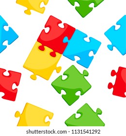 Seamless pattern. Colorful puzzle icon. Blue, green, yellow and green detail. Flat vector illustration on white background.