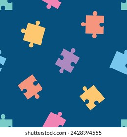 Seamless pattern with colorful puzzle pieces and blue background