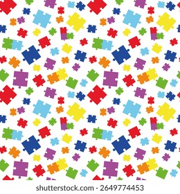 Seamless pattern with colorful puzzle pieces. Educational background for kids, autism awareness, teamwork or logic games. Jigsaw texture for playful, inclusive or learning design projects.