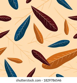 Seamless pattern with colorful pyracantha leaves. Brown autumn theme background for textile, fabric, packaging, print designs and etc.