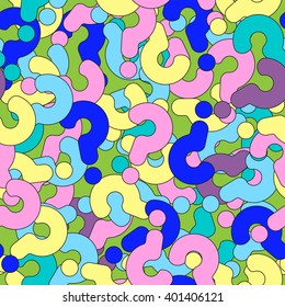 Seamless pattern with colorful question marks on green background. Help symbol. FAQ sign.Vector illustration