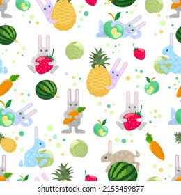 Seamless pattern with colorful rabbits, fruits and vegetables on a white background