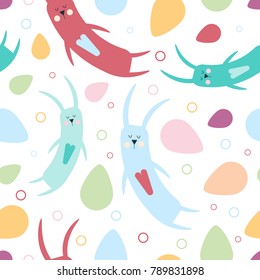 Seamless pattern with colorful rabbits, hearts, circles, eggs on a white background. Easter. Cartoon illustration. Vector.