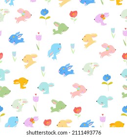 Seamless Pattern with Colorful Rabbits on White Background