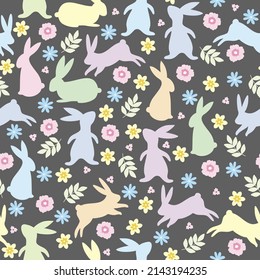 Seamless pattern with colorful rabbits and simple flowers