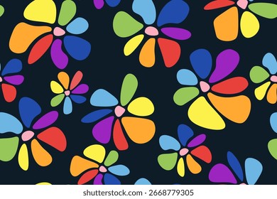 Modelo inconsútil con las flores abstractas coloridas del arco iris. Grandes flores de siete pétalos de colores ácidos arco iris sobre un fondo oscuro. Impresión de la Ilustración vectorial para los textiles, fondo, Anuncio