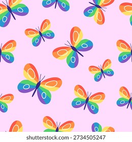  Seamless pattern with colorful rainbow butterflies. Bright hand drawn illustration perfect for kids products, textiles, wallpapers, LGBTQ themes.
