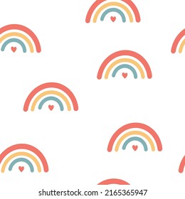 Patrón sin foco con arcoiris colorido con corazón sobre fondo blanco en estilo de caricatura para tela, textil, papel tapiz de vivero