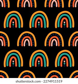 Seamless pattern with colorful rainbow and hearts with black background