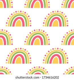 Seamless pattern with colorful rainbow, on a white background, in Scandinavian style. It can be used for packaging, wrapping paper, textile, home decor etc.