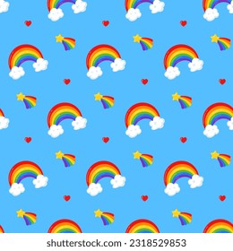 Seamless pattern with colorful rainbow over white clouds, falling star and heart on blue background. Vector illustration for Pride month design - banner, poster, decor, greeting card. Print design