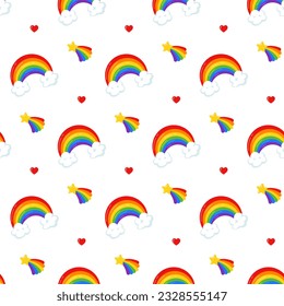Seamless pattern with colorful rainbow over white clouds, falling star and heart on white background. Vector illustration for Pride month design - banner, poster, decor, greeting card. Print design