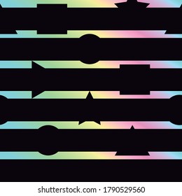 Seamless pattern. Colorful rainbow stripes with black shapes on top. Black background. Light pastel colors. squares, circles, triangles and stars. Made for printing on fabric.