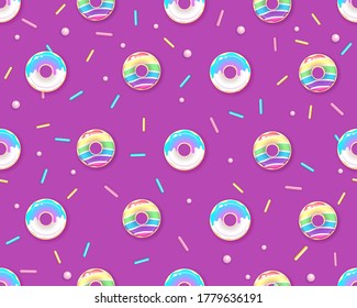 Seamless pattern of colorful rainbow sweet donuts. Junk food background