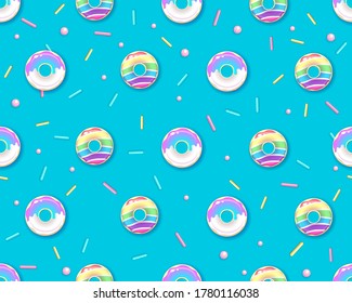 Seamless pattern of colorful rainbow sweet donuts. Junk food background