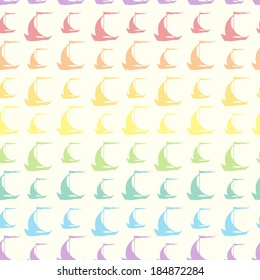 Seamless pattern with colorful rainbow vintage sailing ships. Vector illustration