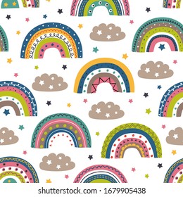seamless pattern with colorful rainbows and clouds on white background
  - vector illustration, eps    