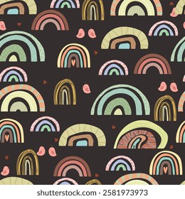 Seamless pattern with colorful rainbows, hearts and birds on dark background. Vector illustration.