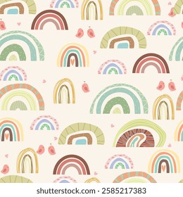 Seamless pattern with colorful rainbows, hearts and pink birds on white background. Vector illustration.