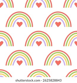 Seamless pattern with colorful rainbows and red hearts in cute minimal hand drawn flat style