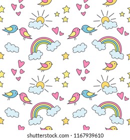 Seamless pattern with colorful  rainbows, stars, hearts and birds