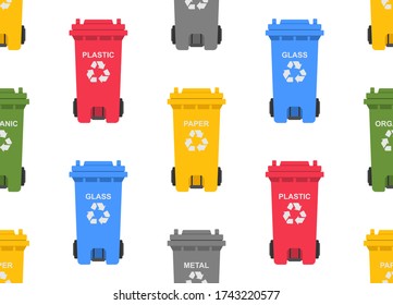 Seamless pattern with Colorful Recycling bins. Garbage sorting. flat style. isolated on white background