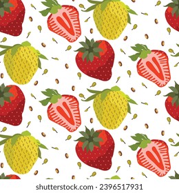 Patrón sin foco con fresas coloreadas rojas y verdes