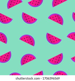 Seamless pattern with colorful red and purple watermelon pieces. Vector illustration in flat style for textile, art paper, background, desktop, print, table cloth, vegan cafe, restaurant.