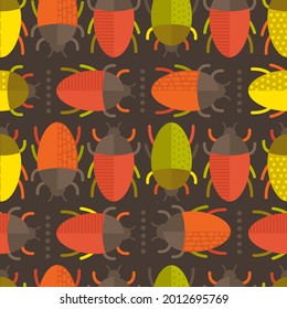 Seamless pattern with colorful repeated beetles on dark background. Geometric style stylized backdrop. Colorful vector print. Red, green and orange bugs. Textile design or digital paper. 