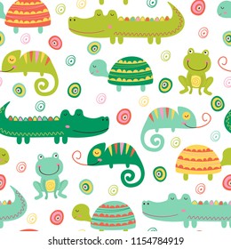 seamless pattern with colorful reptile and amphibian -  vector illustration, eps