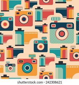 Seamless pattern with colorful retro cameras and films.