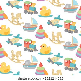 Seamless pattern with colorful retro children's toys. Hand drawn background	