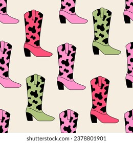 Seamless pattern with colorful retro cowboy boots with cow print. Vector western background