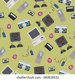 Seamless pattern with colorful retro gadget of 90s