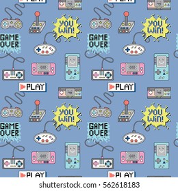 Seamless pattern with colorful retro game controllers