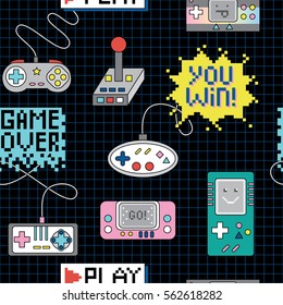 Seamless pattern with colorful retro game controllers