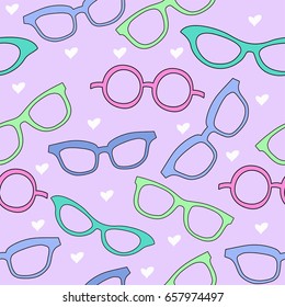 Seamless pattern with colorful retro glasses and white hearts.Vector illustration