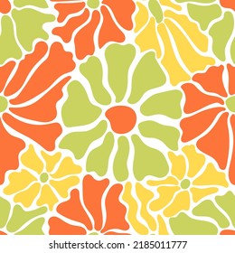 Seamless pattern with colorful retro groovy flowers. Summer simple abstract design in naive art style . 60s vintage style plants. Colorful psychedelic background. Vector illustration