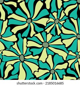 Seamless pattern with colorful retro groovy flowers on dark bsckground. Summer simple abstract design in naive art style. 60s vintage style plants. Colorful psychedelic background. Vector illustration