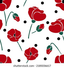 Seamless pattern with colorful retro groovy poppies with polka dot. Summer abstract floral design in naive art style. 60s vintage style plants. Colorful psychedelic background.Vector illustration