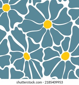 Seamless pattern with colorful retro groovy flowers. Summer simple abstract design in naive art style. 60s vintage style plants. Colorful psychedelic background.Vector illustration