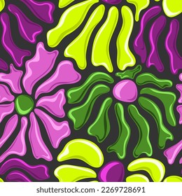 Seamless pattern with colorful retro groovy flowers on dark bsckground. Summer simple abstract design in naive art style. 60s vintage style plants. Colorful psychedelic background. Vector illustration