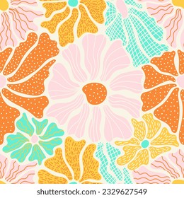 Seamless pattern with colorful retro groovy flowers. Summer simple abstract design in naive art style . 60s vintage style plants. Colorful psychedelic background. Vector textured illustration