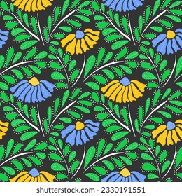 Seamless pattern with colorful retro groovy yellow and blue daisies on black. Summer textured abstract floral design in naive art style. 60s vintage style plants. Vector illustration