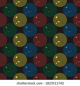 Seamless pattern with colorful retro lamps in round light shadows on dark grey background