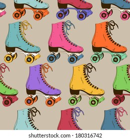 Seamless pattern with colorful retro roller skates 